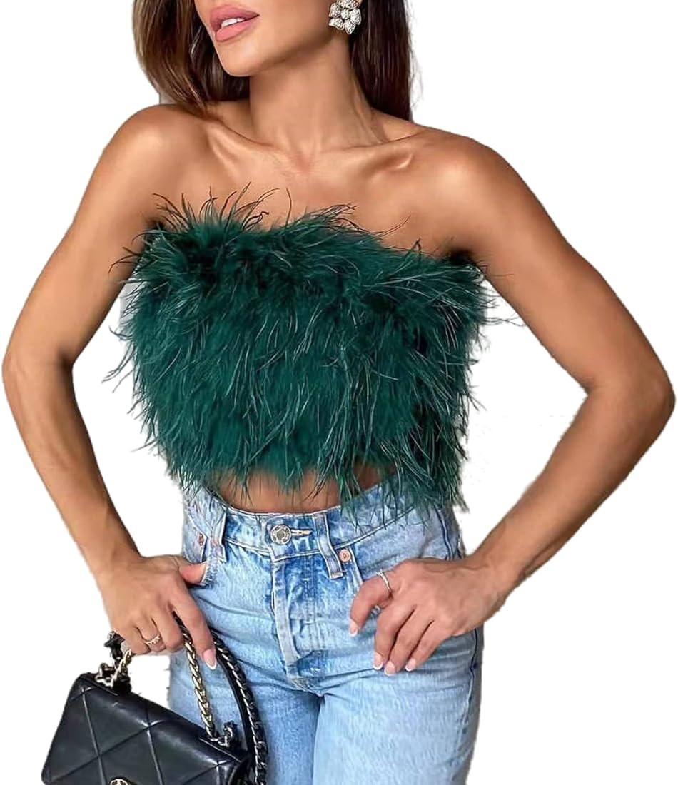 ZGMYC Women's Sexy Feather Crop Top Furry Faux Fur Strapless Tube Top Bandeau Sleeveless Camisole... | Amazon (US)