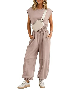 Flygo Womens Casual Jumpsuit Crewneck Cap Sleeve Long Wide Leg Pants One Piece Outfits Drawstring... | Amazon (US)