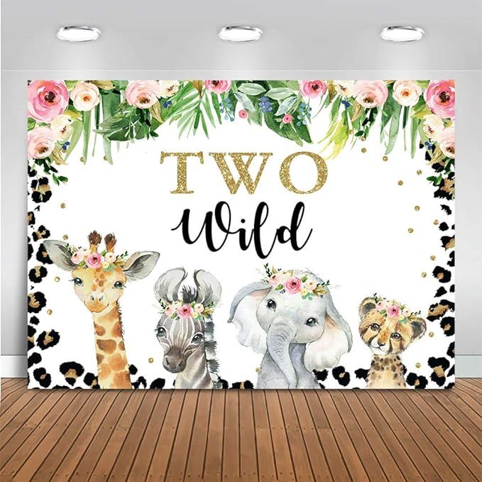 Mocsicka Two Wild Backdrop for Girl Jungle Safari Animals 2nd Birthday Party Decoration 7x5ft Flo... | Amazon (US)