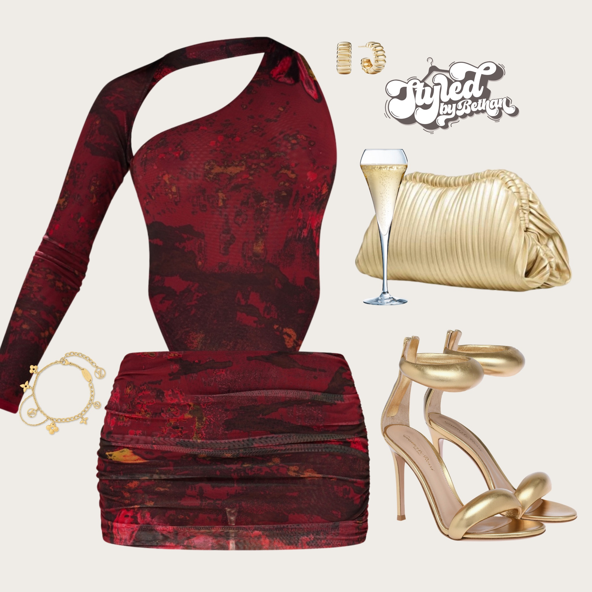 🌶️🌶️🌶️ tags: pretty little thing one shoulder cherry red bodysuit and matching mini skirt, gianvito rossi gold heels, shein gold clutch bag, mejuri gold earrings, Louis Vuitton gold charm bracelet. Vacation, clubbing, dinner and drinks, holiday, Ibiza, Marbella outfit inspiration inspo, 

#LTKstyletip #LTKshoes #LTKsummer