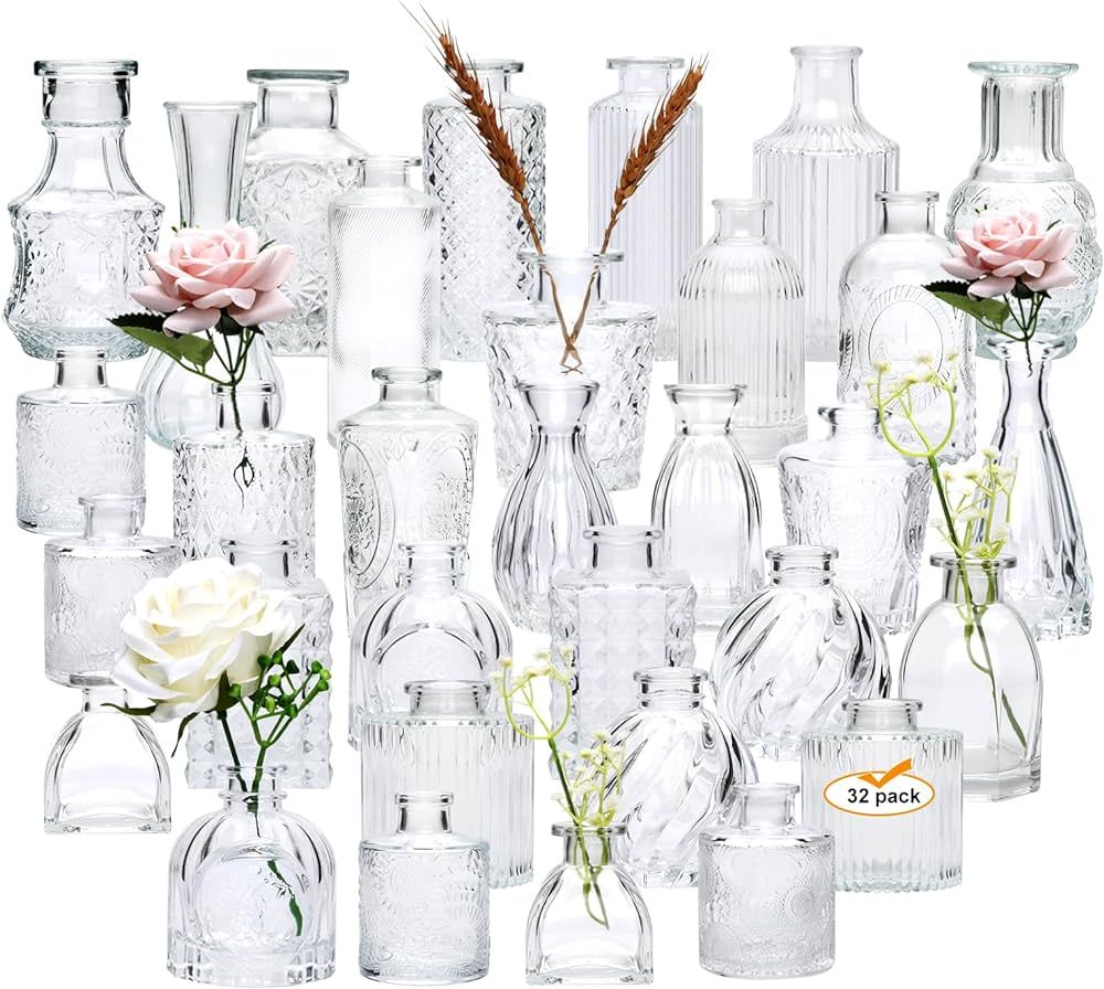Brajttt Set of 32 Bud Vases for Flowers, Small Vintage Glass Bottles for Rustic Wedding Centerpie... | Amazon (US)