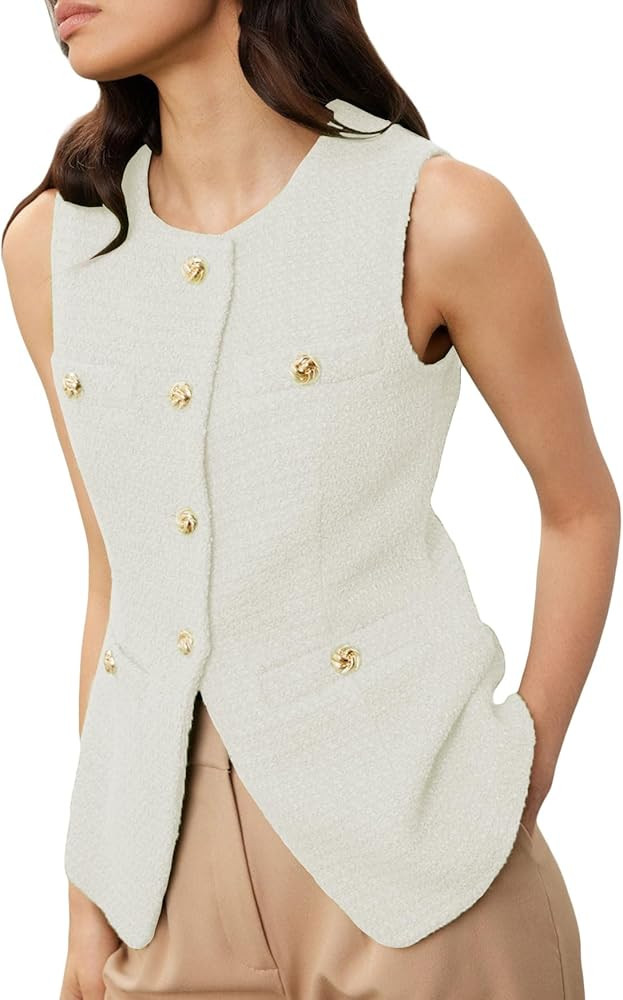 Women's Tweed Blazer Vest Sleeveless Button Front Casual Blazer Jackets Work Office Vest | Amazon (US)