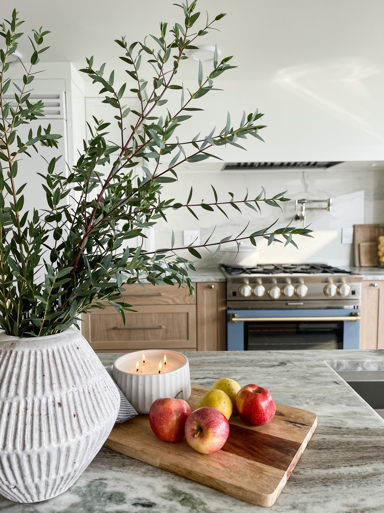 Kitchen decor. 4 wick mulled spice holiday candle. vase, porcelain backsplash, polished nickel hardware, pot filler, leathered quartzite countertops in Fantasy Brown, BlueStar kitchen appliances 

#LTKSeasonal #LTKunder50 #LTKhome