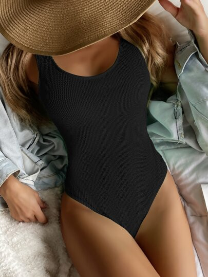 Plain Textured One Piece Swimsuit | SHEIN