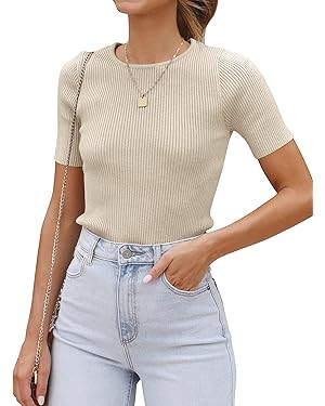 ZESICA Women's Short Sleeve Crewneck T Shirt 2025 Summer Ribbed Knit Slim Fit Basic Solid Color T... | Amazon (US)
