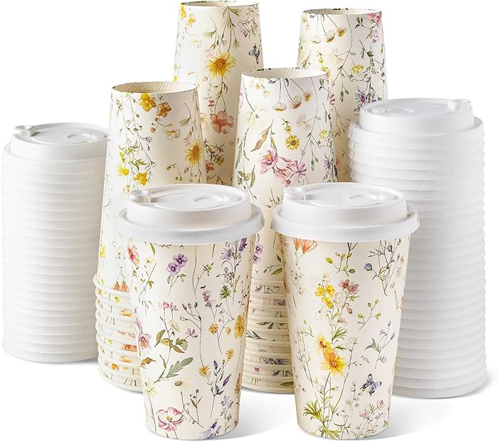 50 Pack 16 oz Floral Disposable Paper Coffee Cups with Snap-on Lids, To Go Cute Flower Themed Cup... | Amazon (US)