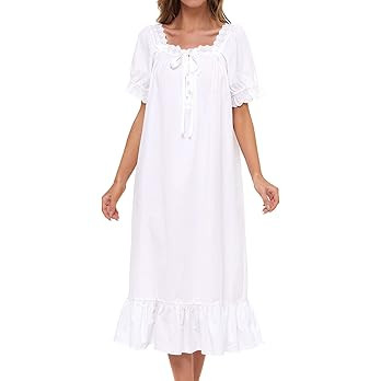 Lu's Chic Women's Victorian Nightgown Cotton Sleepwear Long Loungewear Short Sleeve Vintage | Amazon (US)