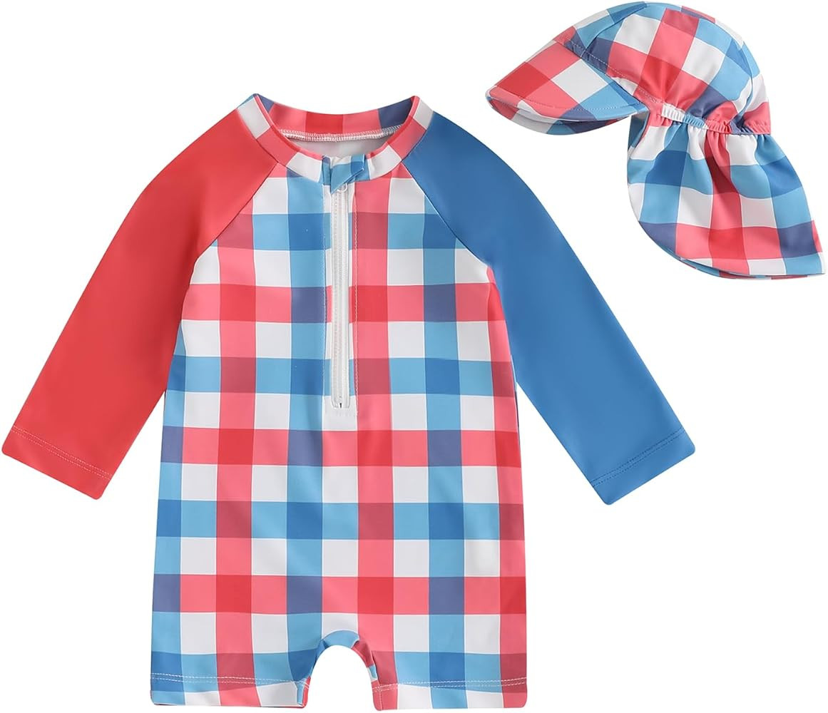 Toddler Boy 4th of July Swimsuit Popsicle/Star/Plaid Print Rashguard Sun Protection One Piece Zip... | Amazon (US)