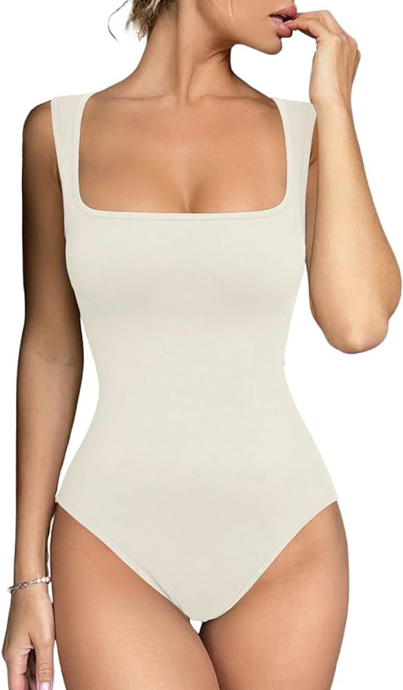 Meyeeka Women's Seamless Bodysuit Square Neck Sleeveless Tapered Shoulder Straps Tank Tops Summer | Amazon (US)