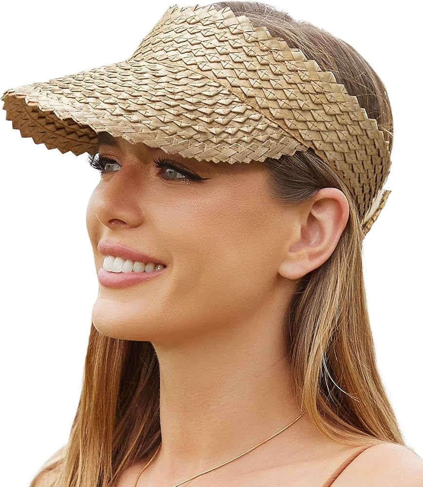 Beach Sun Hats for Women, Straw Sun Visor Wide Brim Floppy Hats for Women, Natural Straw Hand Wov... | Amazon (US)