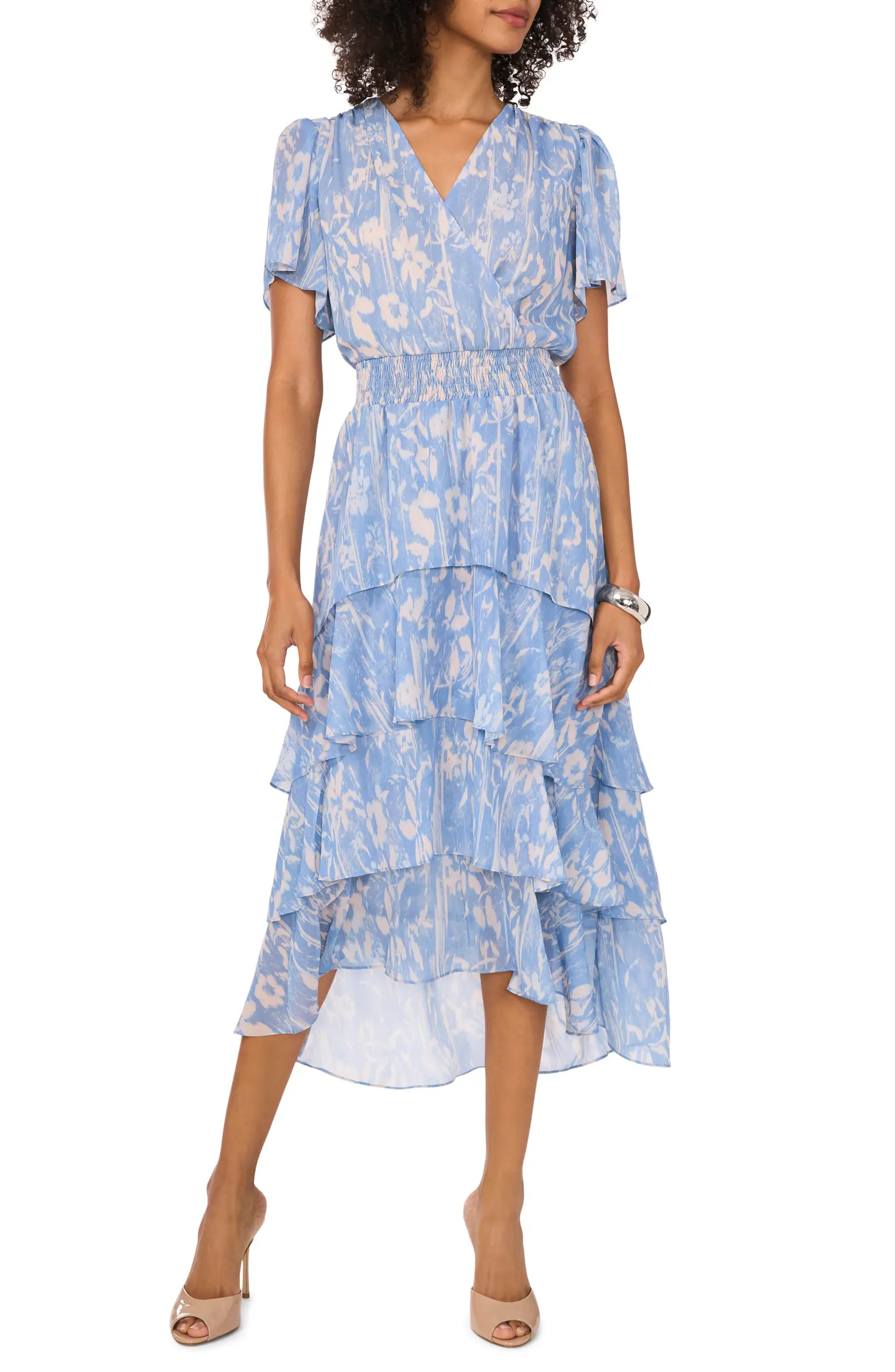 Vince Camuto Floral Tiered Flutter Sleeve Midi Dress | Nordstrom | Nordstrom