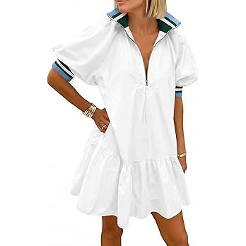 Wenrine Women Short Puff Sleeve Dress Half Zip V Neck Collar Summer Casual Color Block Sweatshirt... | Amazon (US)