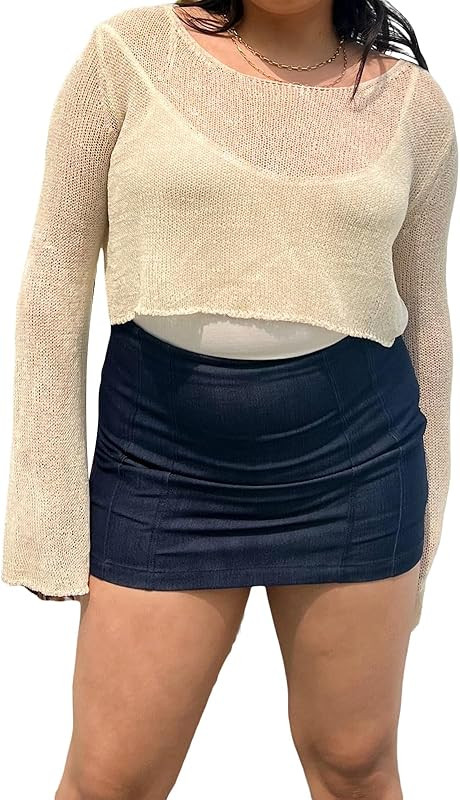 Women's Knit Crop Tops T-Shirts Long Sleeve Scoop Neck Solid Color Beach Cover-ups Beachwear | Amazon (US)
