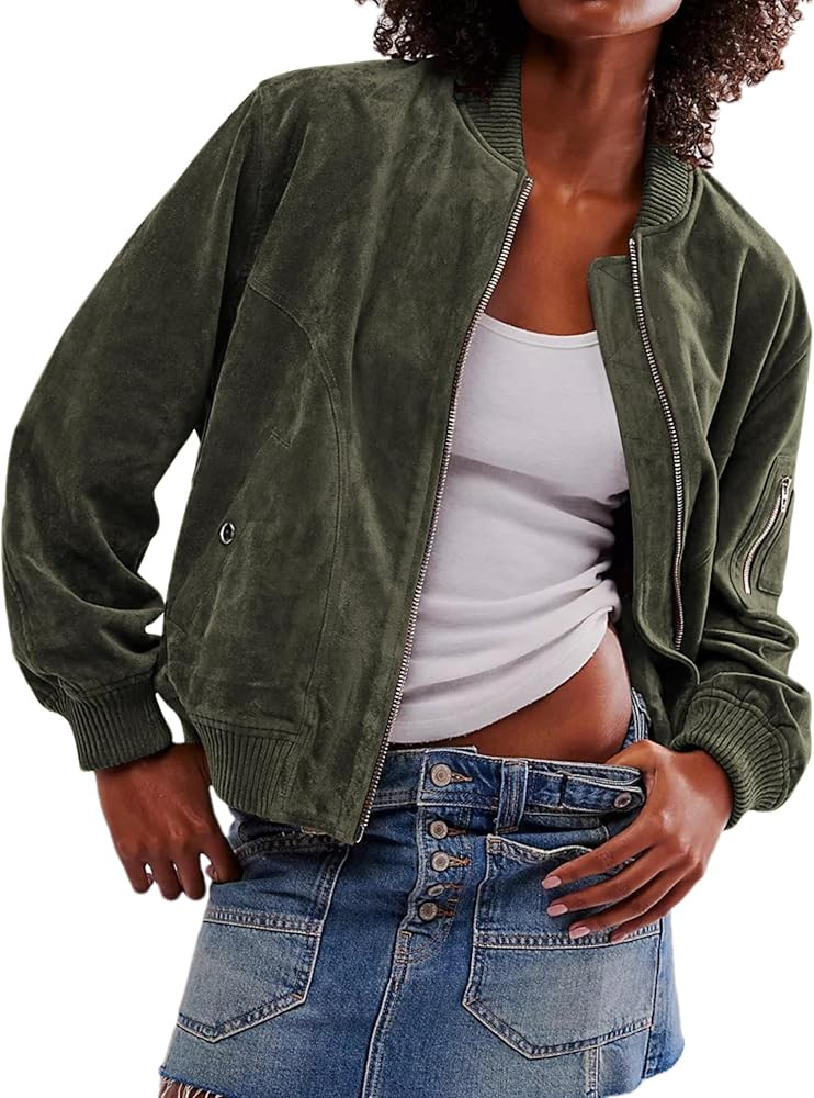 Mingzhu Womens Faux Suede Bomber Jacket Ribbed Collar Zip Up Leather Cropped Jacket Fashion Coat ... | Amazon (US)