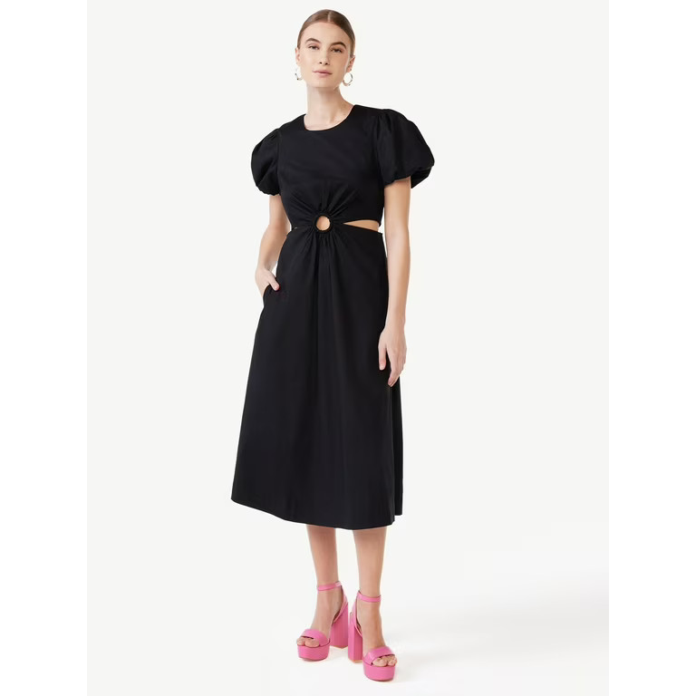 Scoop Women's Cut Out Midi Dress with Puff Sleeves, Sizes XS-XXL | Walmart (US)