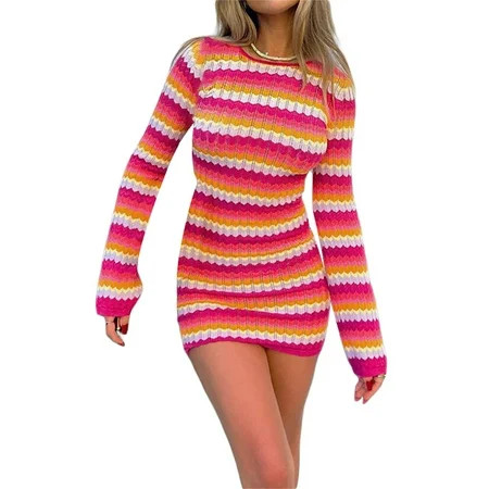 AMILIEe Women Summer Beach Crochet Dress Long Sleeve Striped Sweater Mini Bodycon Dresses | Walmart (US)