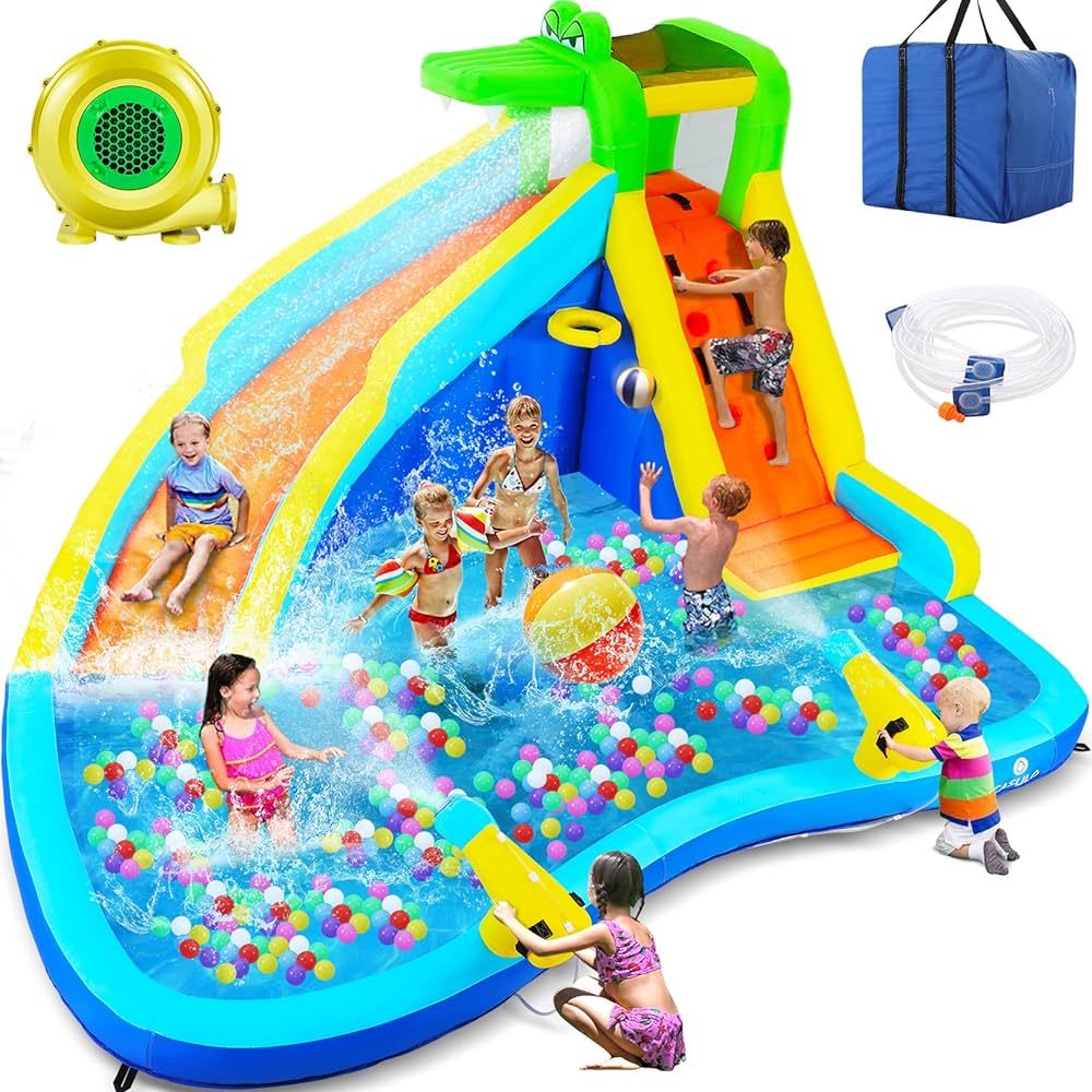 Inflatable Water Slide, 6 in 1 Outdoor Inflatable Water Park with Climbing, Basketball Rim, Splas... | Amazon (US)