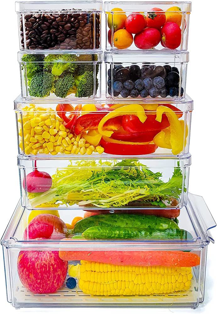 Refrigerator Organizer Bins Stackable with Lids, 7PCS Fridge Storage Containers for Fruits with D... | Amazon (US)