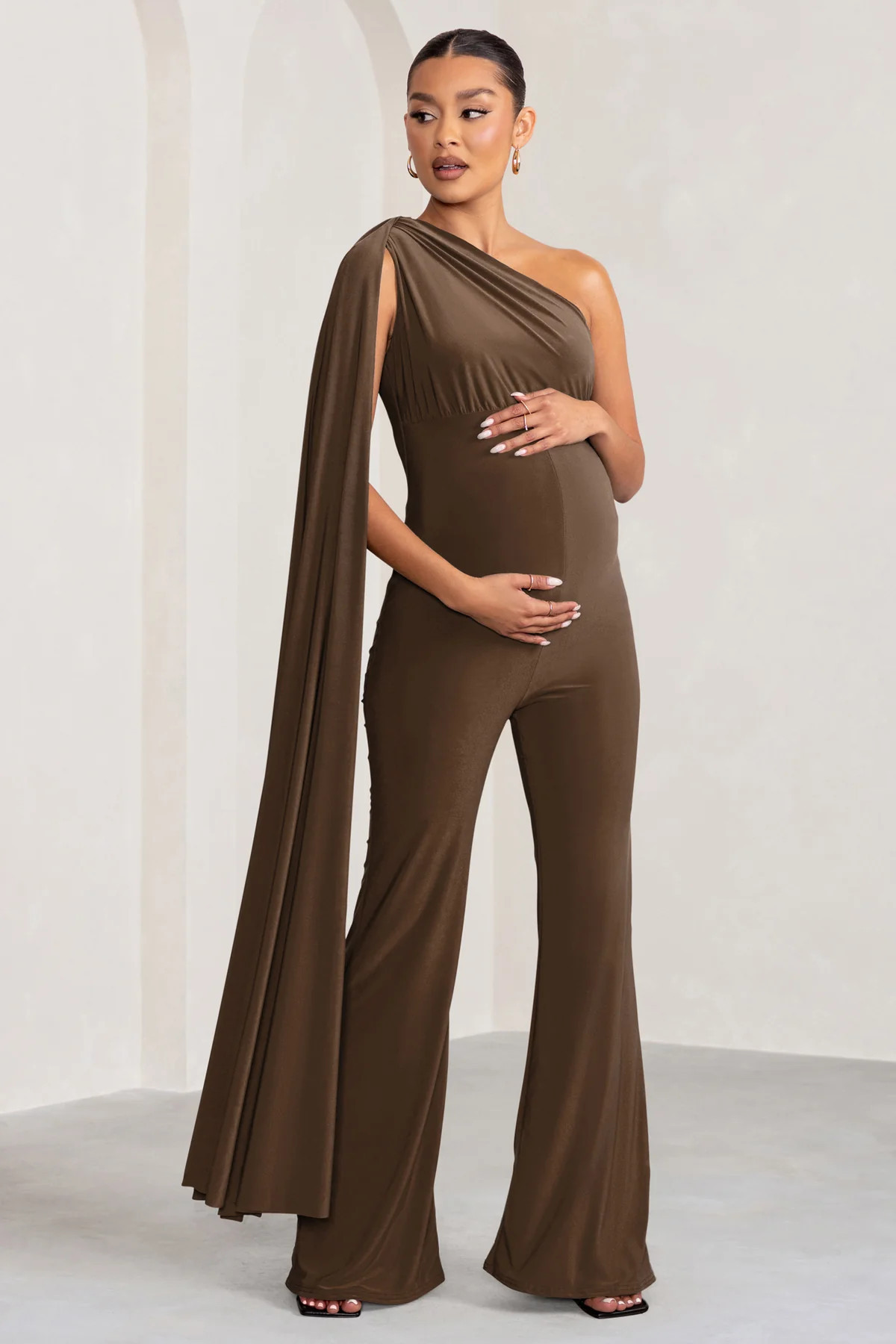 Sing To Sleep | Chocolate Maternity One Shoulder Cape Jumpsuit | Club L London