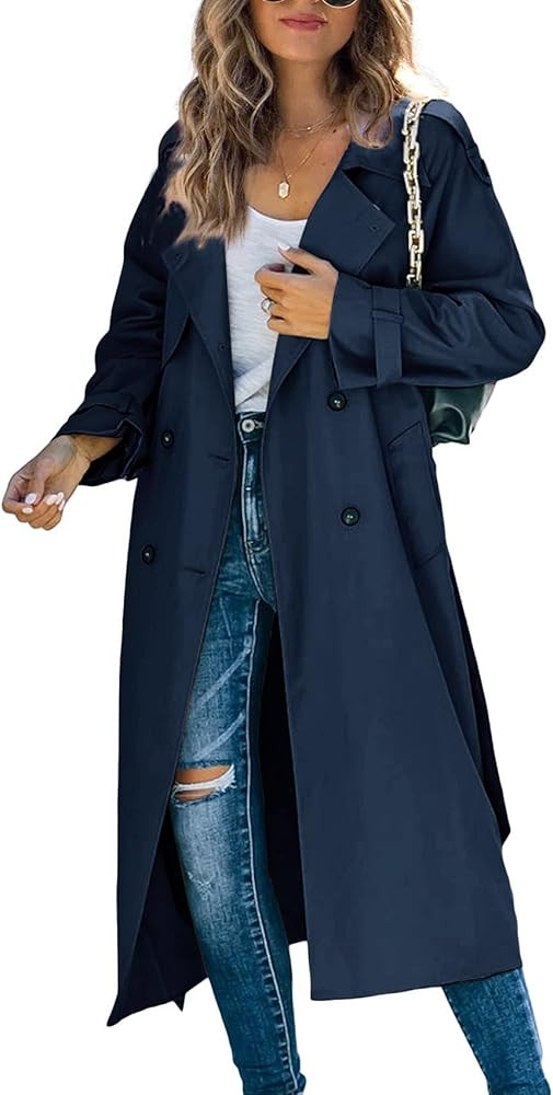 Makkrom Women's Double Breasted Long Trench Coat Windproof Classic Lapel Slim Overcoat with Belt | Amazon (US)