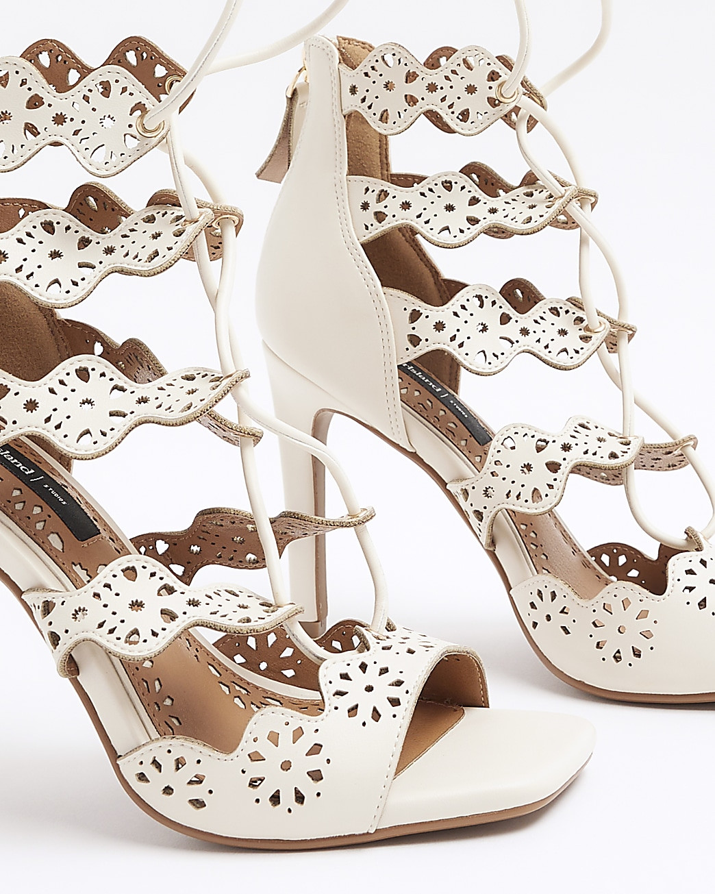Cream cut out tie up heeled sandals | River Island (UK & IE)