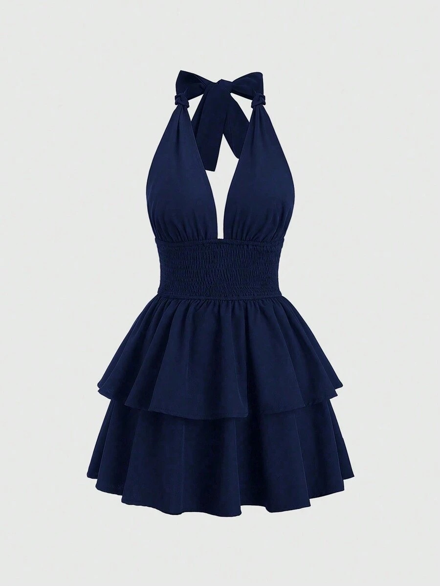 Sweetra 1pc Elegant Solid Color Cinched Waist Open Back Sling Midi Dress Y2K Outfit Christmas Hol... | SHEIN