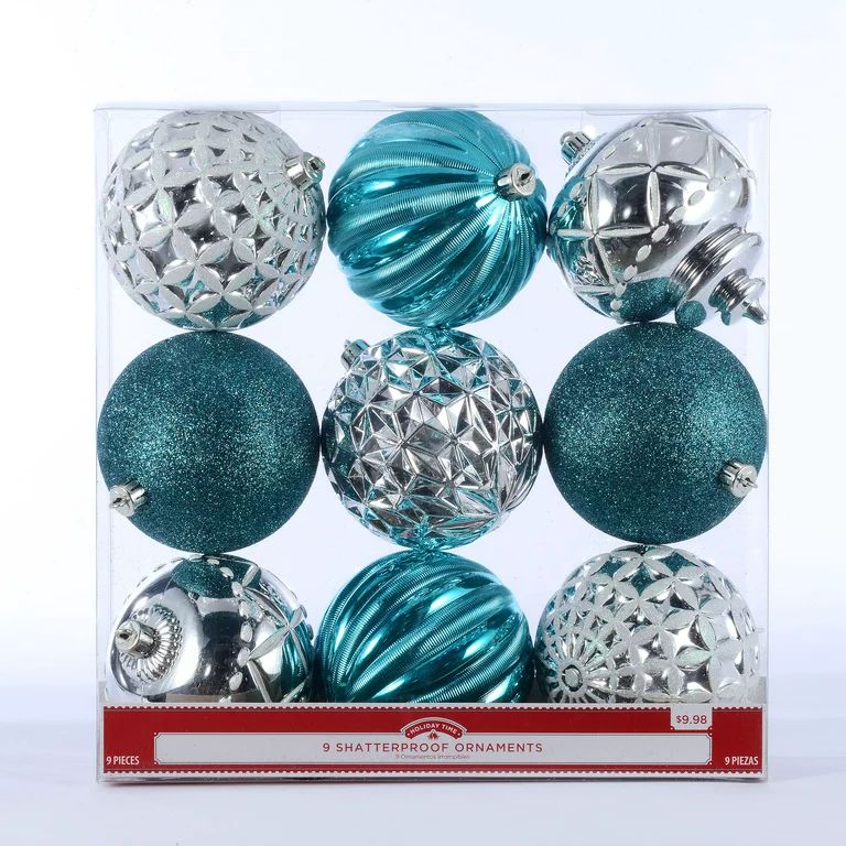Holiday Time Round Shatterproof Ornaments, Teal and Silver, 9 Count | Walmart (US)