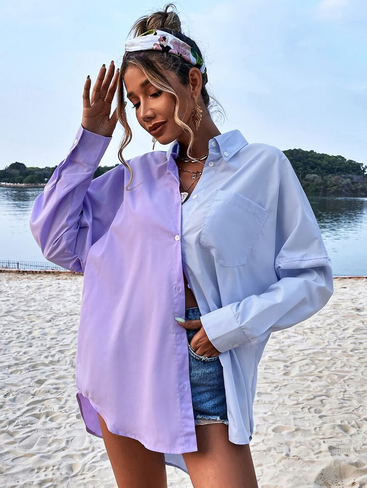 Two Tone Pocket Patched Drop Shoulder Oversized Blouse | SHEIN