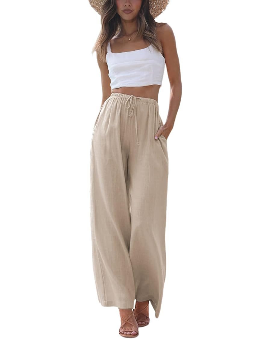 Faleave Women's Cotton Linen Summer Palazzo Pants Flowy Wide Leg Beach Trousers with Pockets | Amazon (US)