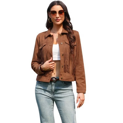 INSPIRE CHIC Faux Suede Fringe Jacket for Women's Button Down Long Sleeve Western Vintage Jackets Small Brown | Target