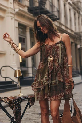 Golden Hour Olive Patchwork Ruffle Mini Dress M | 12th Tribe