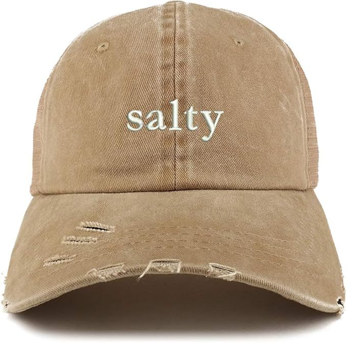 Trendy Apparel Shop Salty Embroidered Washed Front Mesh Back Frayed Bill Cap | Amazon (US)