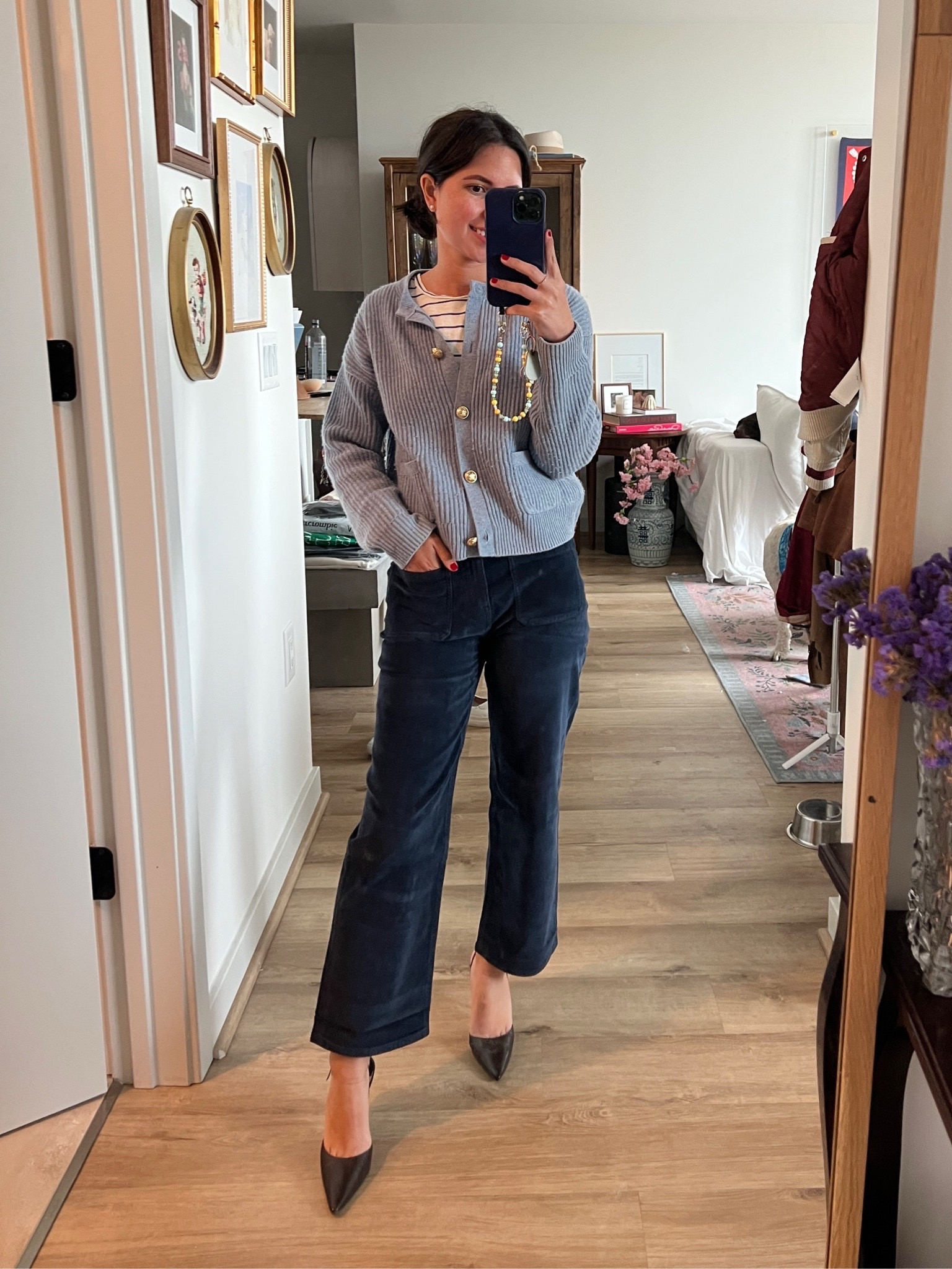 navy pants, corduroy, blue sweater, classic fall outfit, winter outfit, cardigan, brown heels, classic winter outfit, winter work outfit 

 #LTKFindsUnder100