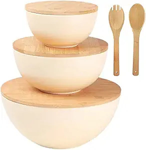 Large Bamboo Salad Bowl Set with Cutting Board Lids and Serving Utensils - Small, Medium and Big ... | Amazon (US)