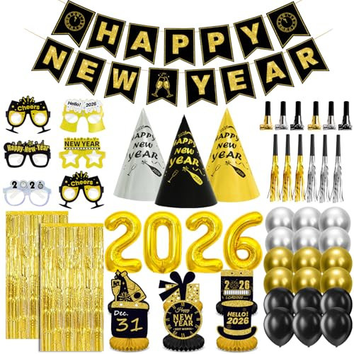 New Years Eve Party Supplies 2026 for 12, New Years Eve Party Decorations, 6 Hat, 6 Glasses, 12 blowouts, 6 Table Centerpiece, 2 Foil Fringe Curtains, 18 Balloons, Great NYE Decorations Pack | Amazon (US)