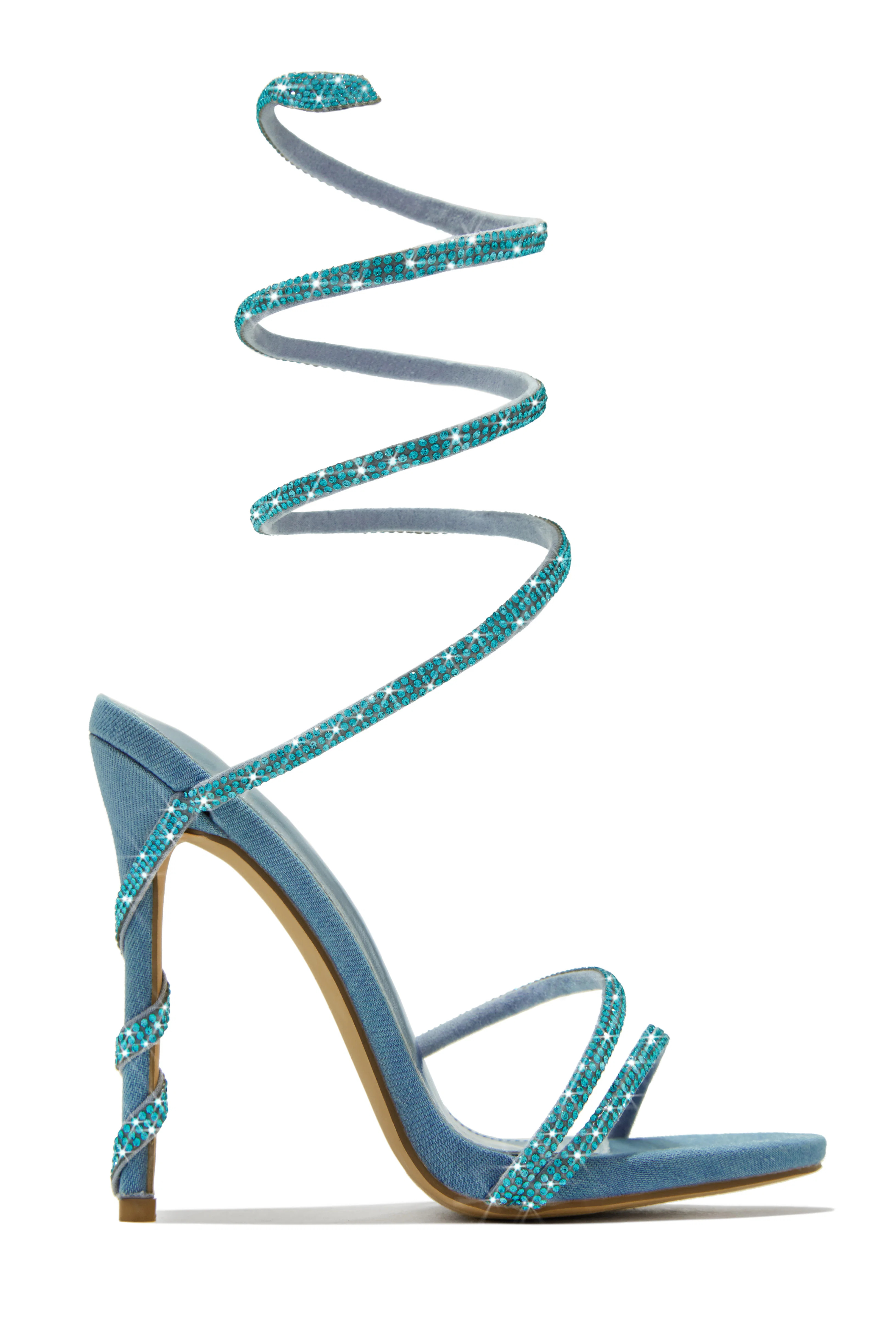 Miss Lola | Dream Girl Denim Around The Ankle Coil Heels | MISS LOLA