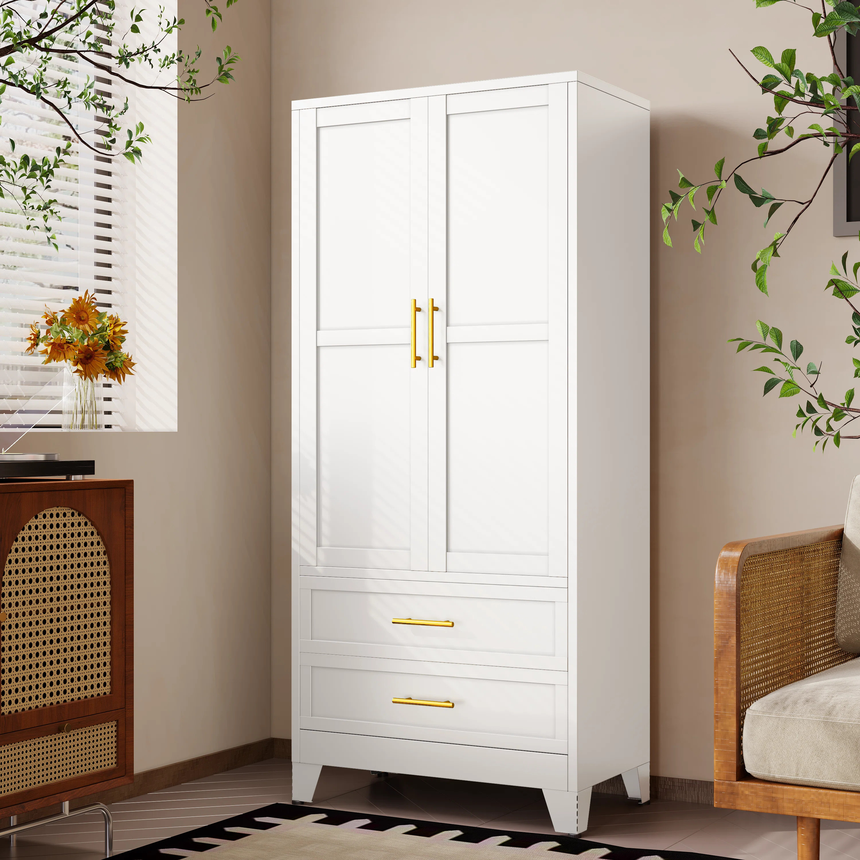 Modern Steel Wardrobe Cabinet With 2 Drawers And Adjustable Shelves For Bedroom Laundry Room | Wayfair North America