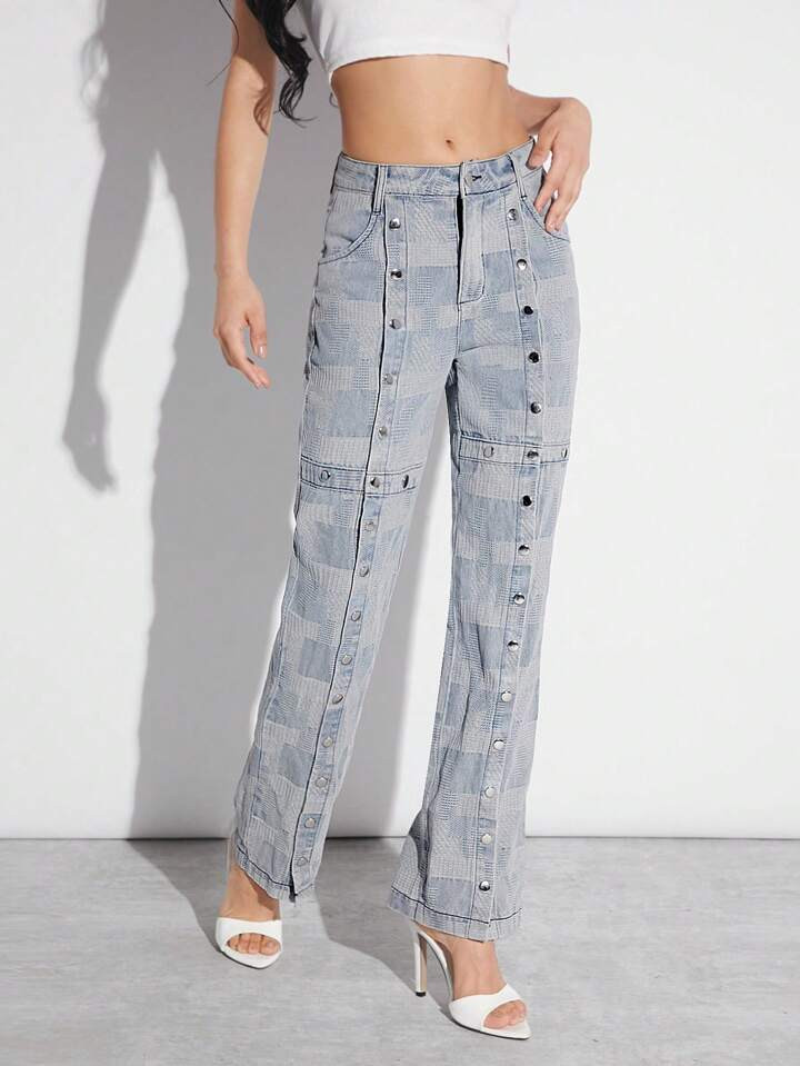 SHEIN Haute Checker Snap Button Detail Jeans | SHEIN