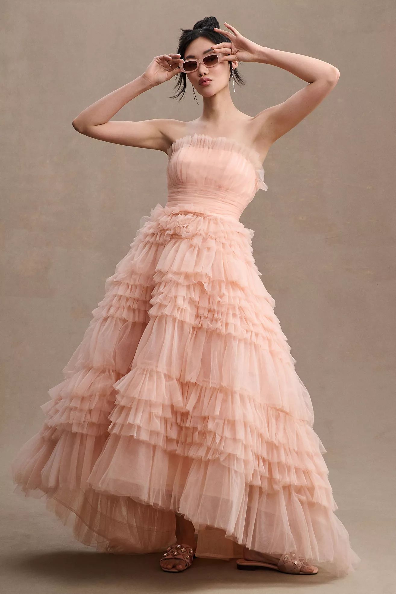 Mac Duggal Tiered Strapless Tulle A-Line High-Low Gown | Anthropologie (US)