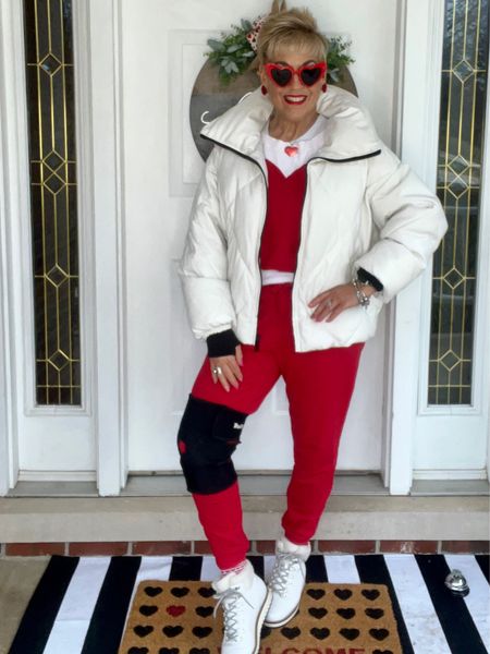 White Puffer Coat
White Sweater Large Red Heart
Red Sweatpants
White Booties
Heart Sunglasses
Red Lipstick 

#LTKSeasonal