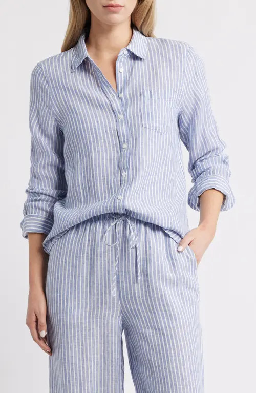 caslon(r) Casual Linen Button-Up Shirt in Blue- Ivory Penny Stripe at Nordstrom, Size Xx-Small | Nordstrom