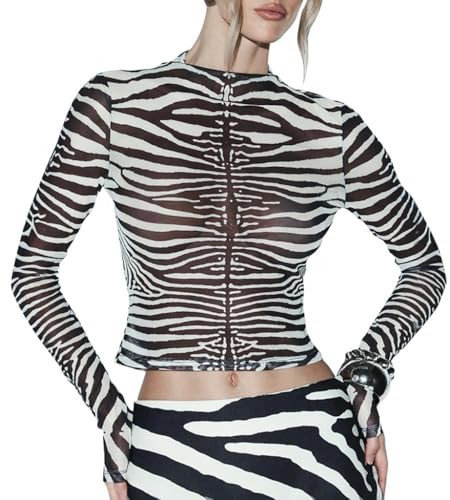 Wuitrie Women's Black White Zebra Print Sheer Top Slim-Fit Cropped Long Sleeve Mesh Blouse Fall Y2K Edgy Outfits | Amazon (US)