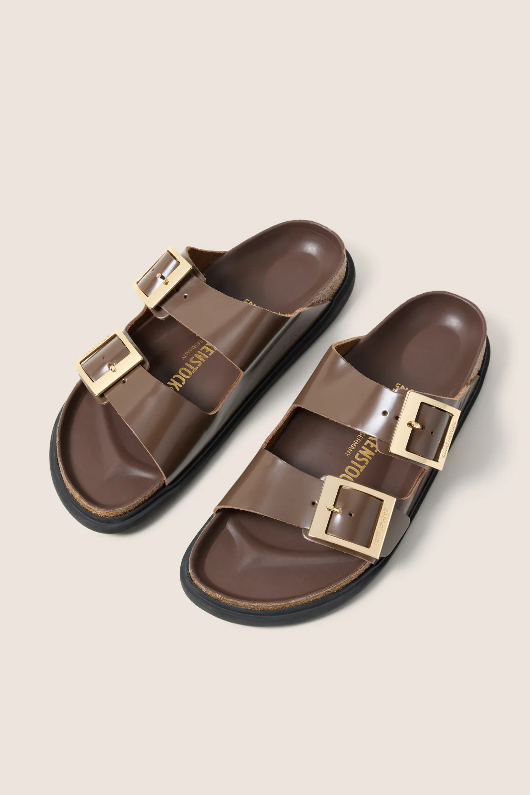 BIRKENSTOCK Women's Arizona Droplet Buckle High Shine Sandals, Size 38, Brown | Evereve