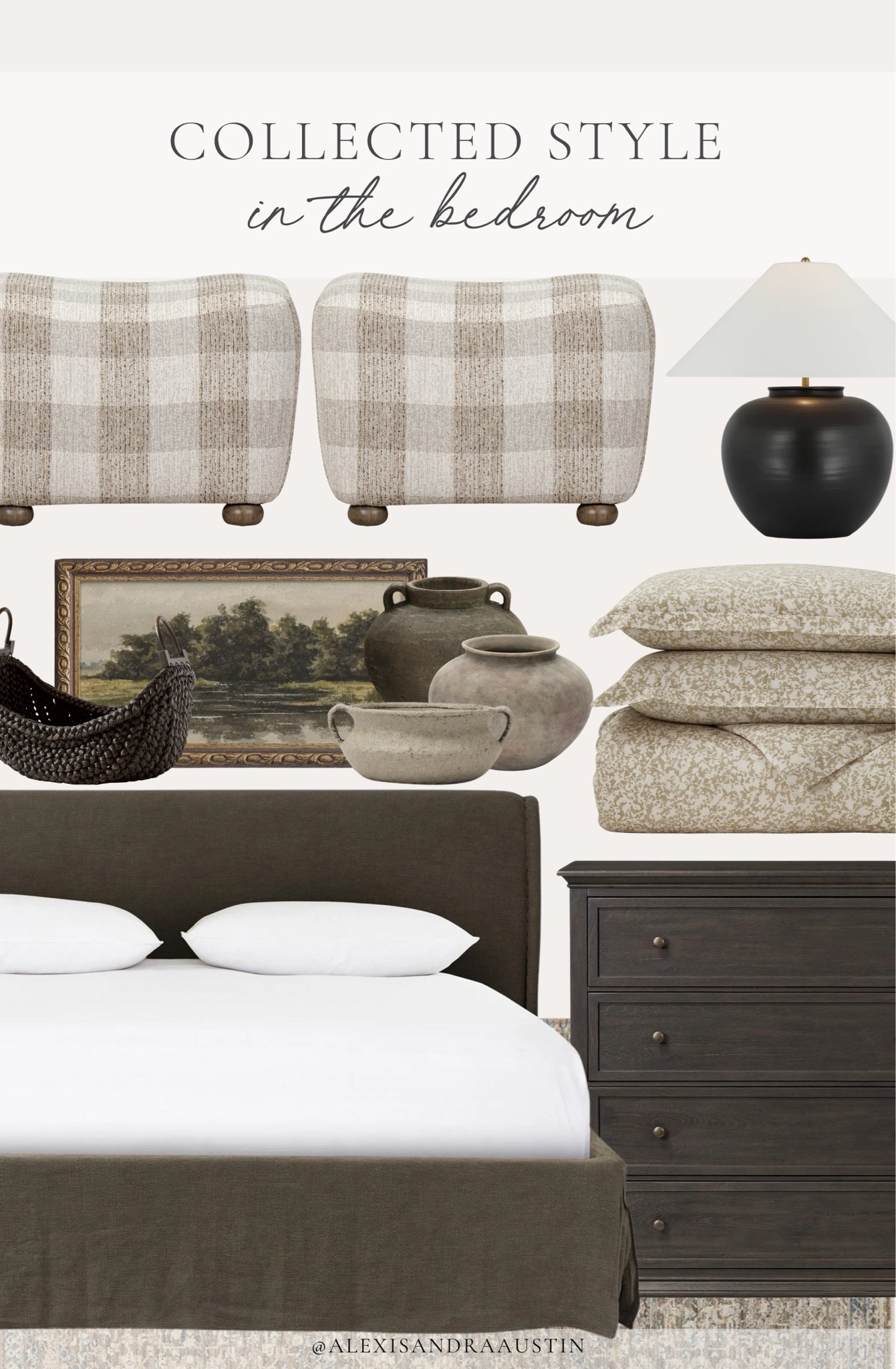 Moody, collected style in the bedroom! Loving these quality and timeless finds for a collected style this season.

Home finds, neutral home inspo, bedroom details, furniture favorites, dark and moody, upholstered ottomans, collected style, neutral decor, cozy table lamp, timeless home style, upholstered bed, nightstand details, duvet cover, vintage style area rug, Wayfair, Boll and Branch, Lulu and Georgia, Four Hands, Amber Lewis, Pottery Barn, shop the look!

#LTKSeasonal #LTKHome