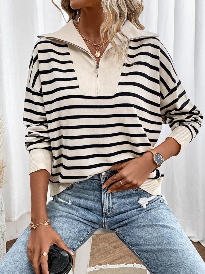 SHEIN Frenchy Striped Pattern Quarter Zip Drop Shoulder Sweater | SHEIN