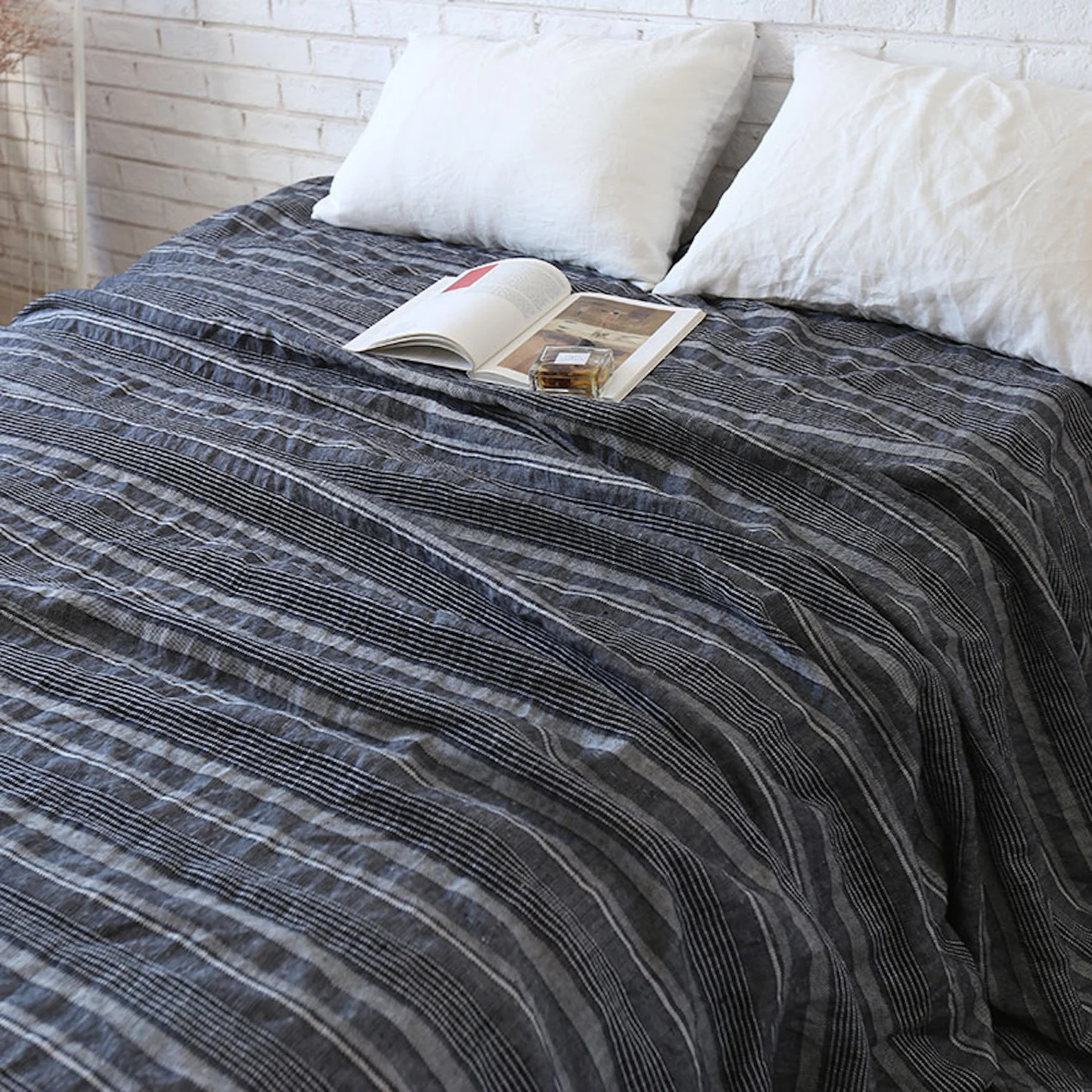 Double color Jacquard Linen Blanket，dark blue striped thick Throw Wrap, soft bedding, rustic sl... | Etsy (US)