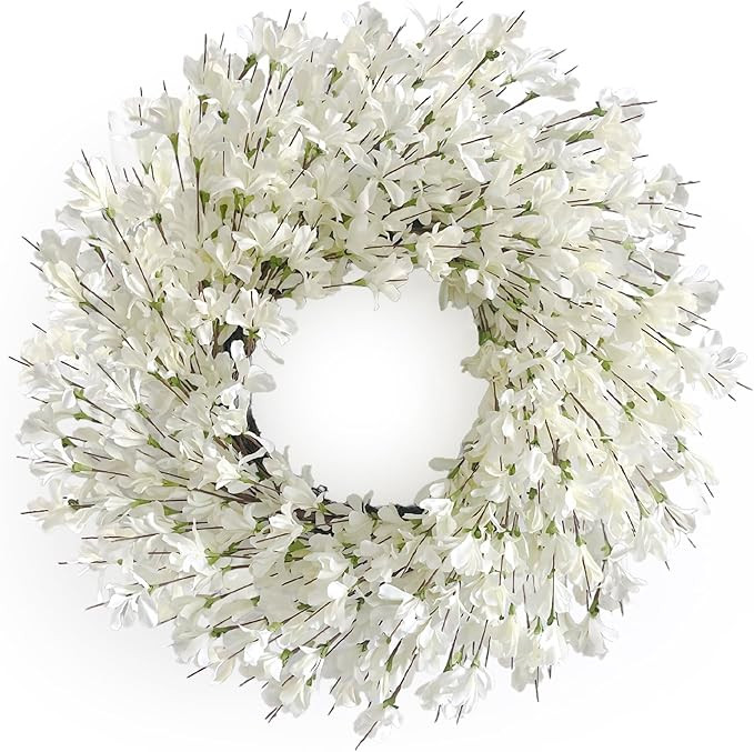 Spring Wreath for Front Door, 24 Inch White Cream Forsythia Spring Wreath Blossom Cluster Flower ... | Amazon (US)