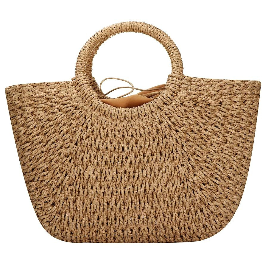 YYW Straw Bags for Women,Hand-woven Straw Large Bag Round Handle Ring Tote Retro Summer Beach Rat... | Amazon (US)