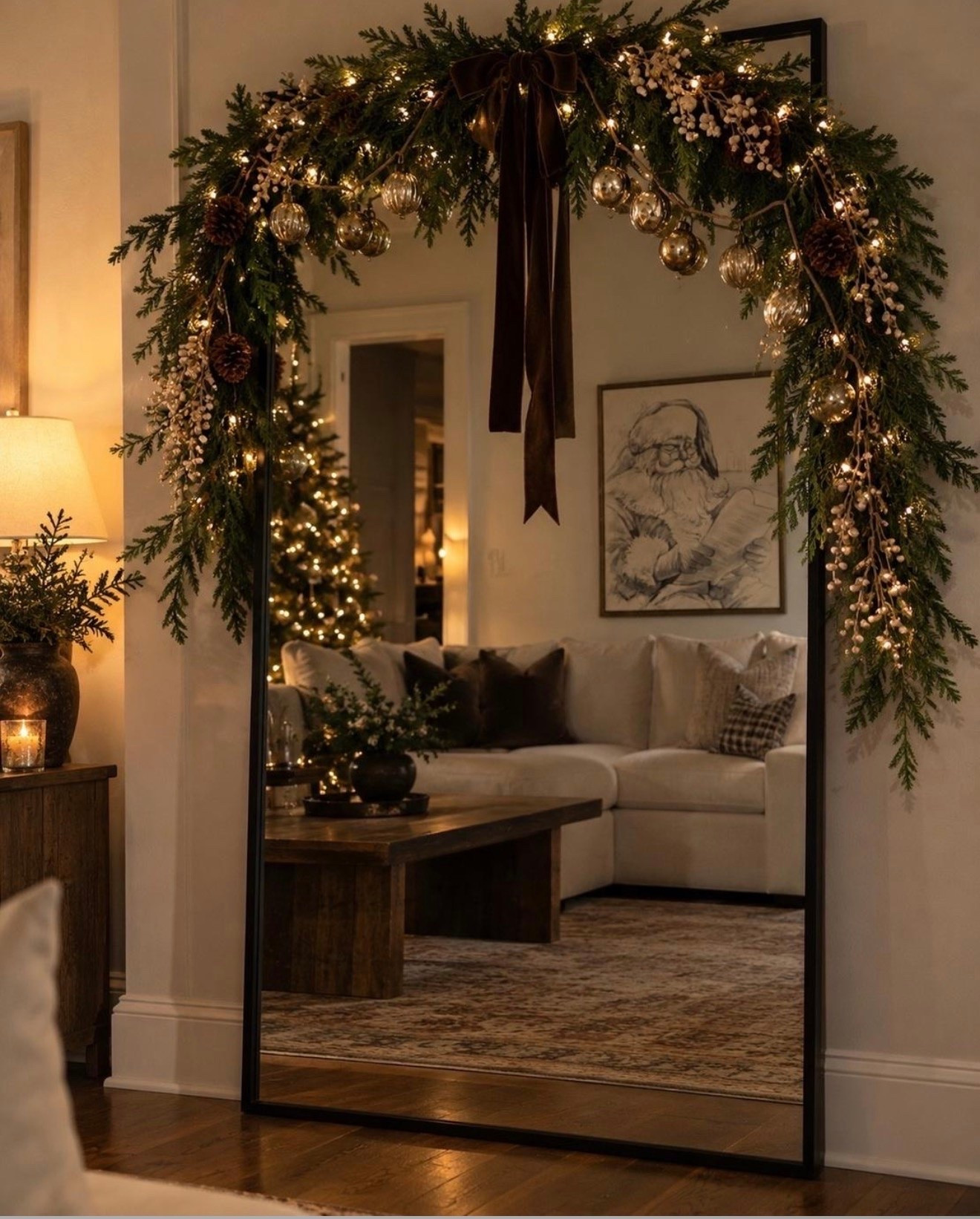 Christmas, but make it warm, collected & cozy 🤎🎄✨ I love how the layered greenery, vintage-inspired gold ornaments, soft berry stems and chocolate velvet ribbon completely transform a simple floor mirror. Add the warm lights and it feels like Christmas throughout the entire room.

Everything you need to recreate the look is linked! 🤎

#ChristmasDecor #WalmartChristmas #ChristmasInspo #NeutralChristmas #CozyChristmas

#LTKSaleAlert #LTKHome #LTKSeasonal