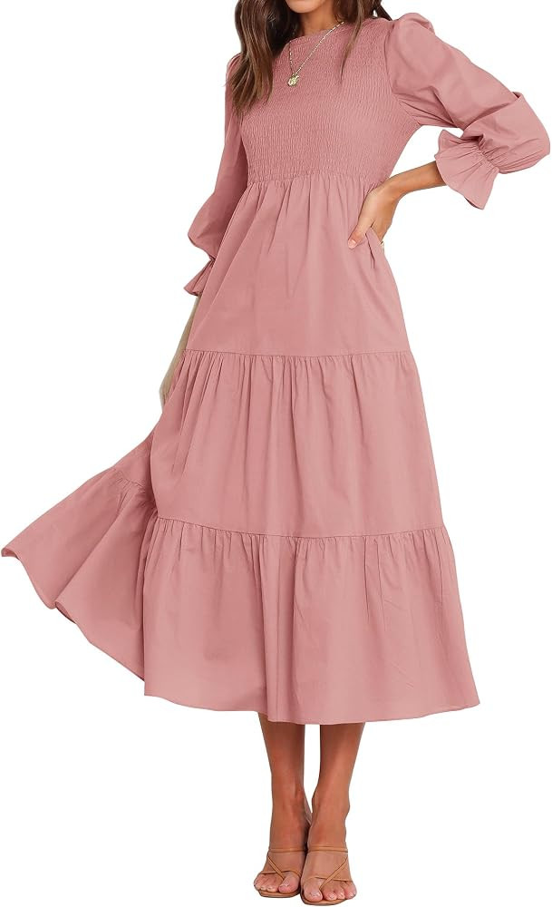 BTFBM Women Casual Long Sleeve Dress Fall Dresses 2024 Solid Color Relaxed Fit Smocked Tiered Flo... | Amazon (US)